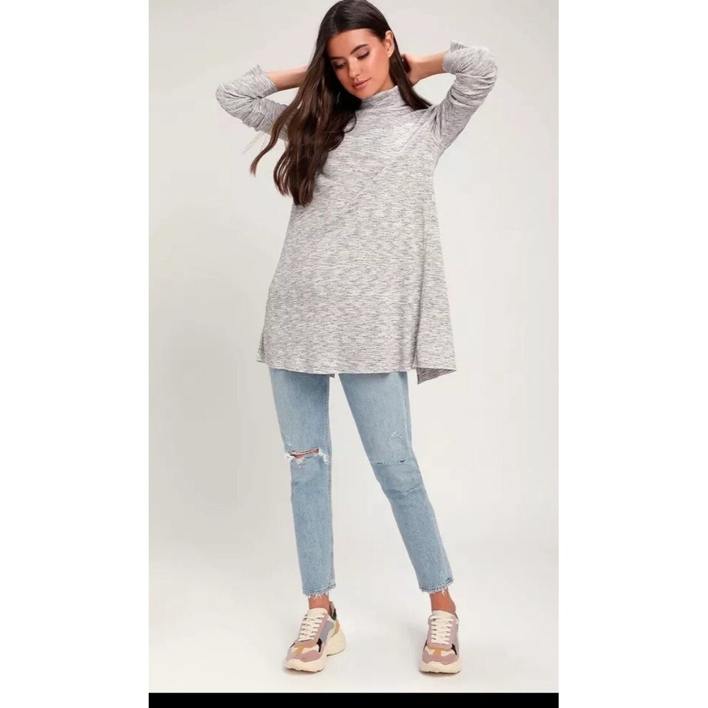 We The Free Free People Heather Gray Ribbed Split Back Turtleneck Tunic Top XS